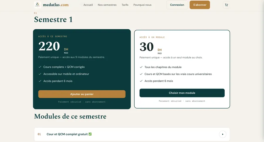 Page d’un semestre — accès semestre ou module